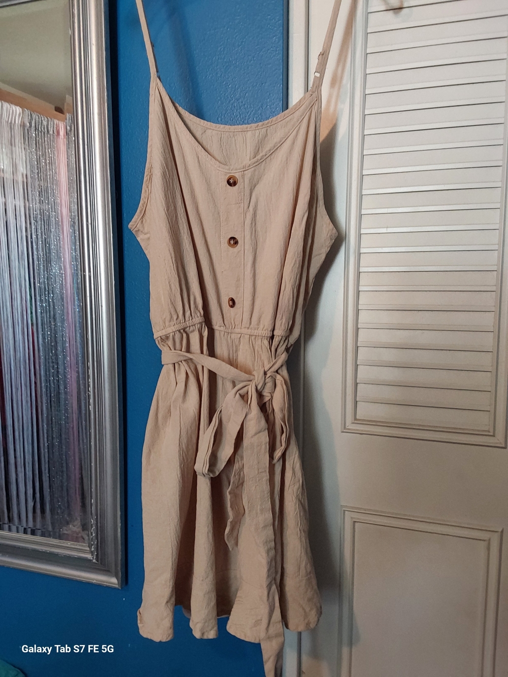SHEIN Beige Button-Front Tie-Waist Spaghetti Strap Romper
